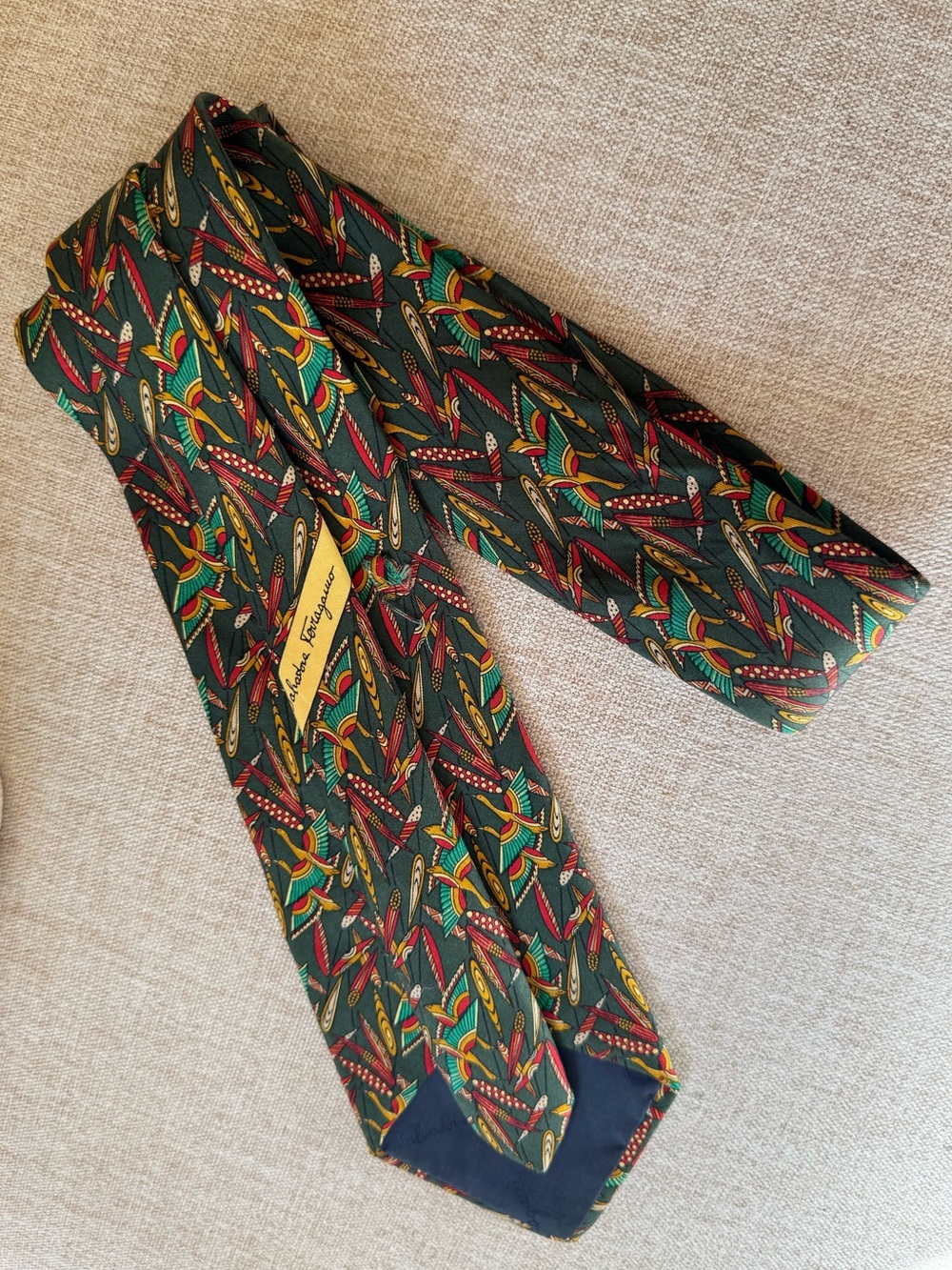 Salvatore Ferragamo Silk Tie Green Crane Bird Print Vintage